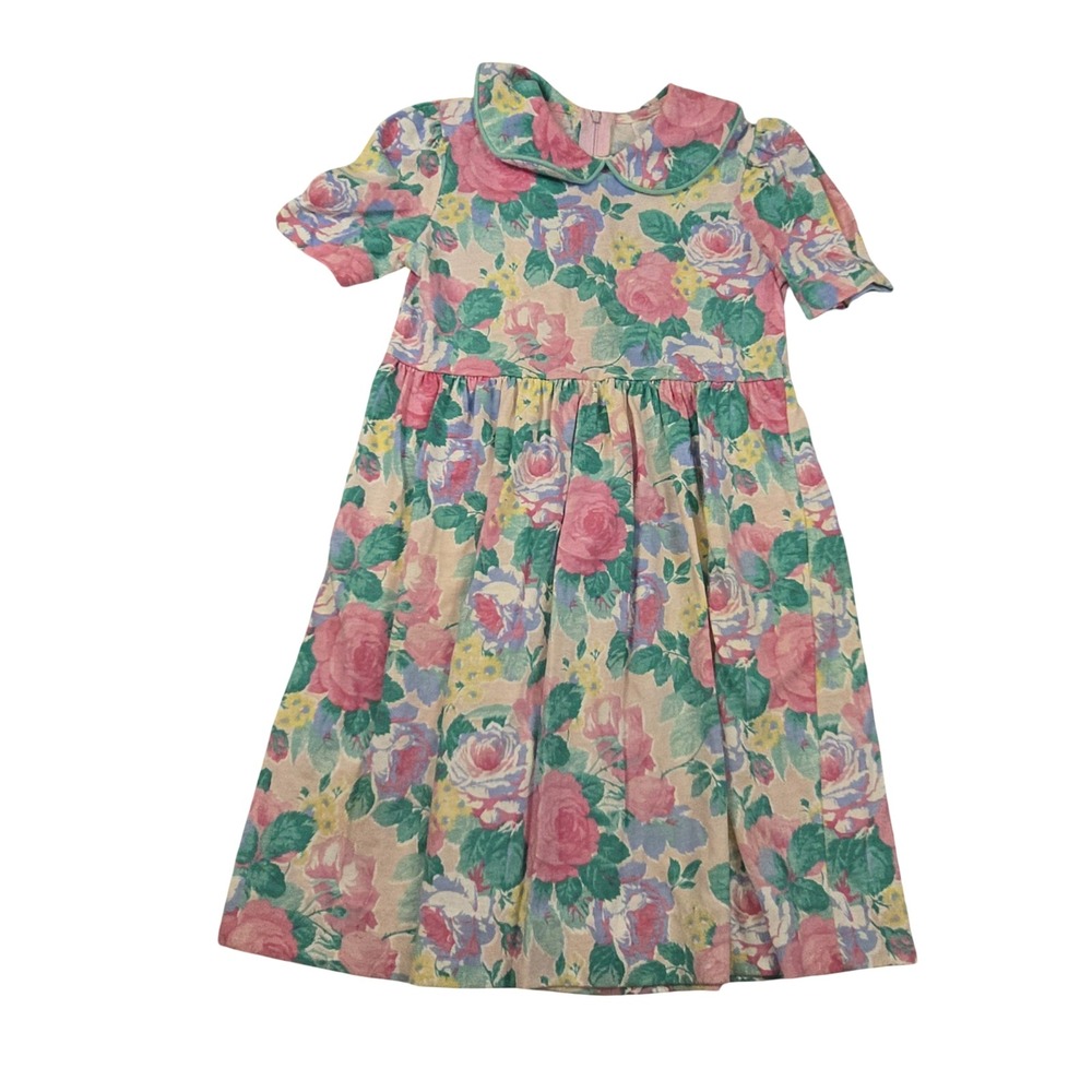 Vintage Heartstrings Girls Floral Dress Pink Rose Peter Pan Collar Size 5 USA